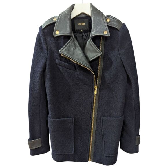 Maje Leather Collar Trim Coat Women's S EU 36 Wool & Calf Skin in Navy & Black - Picture 1 of 12